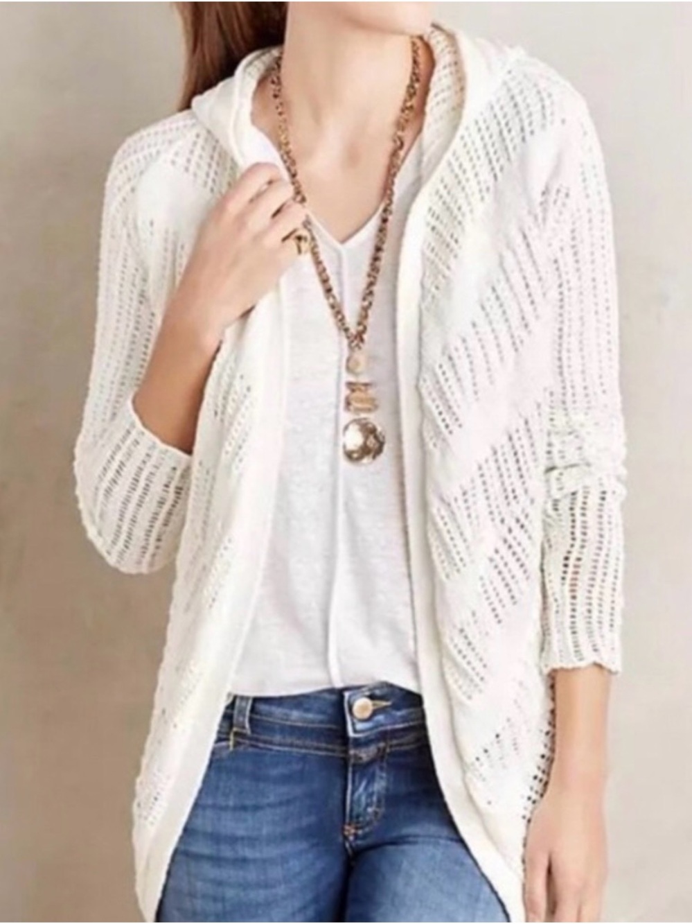 Anthropologie Moth White Open-Knit Hooded Cardigan